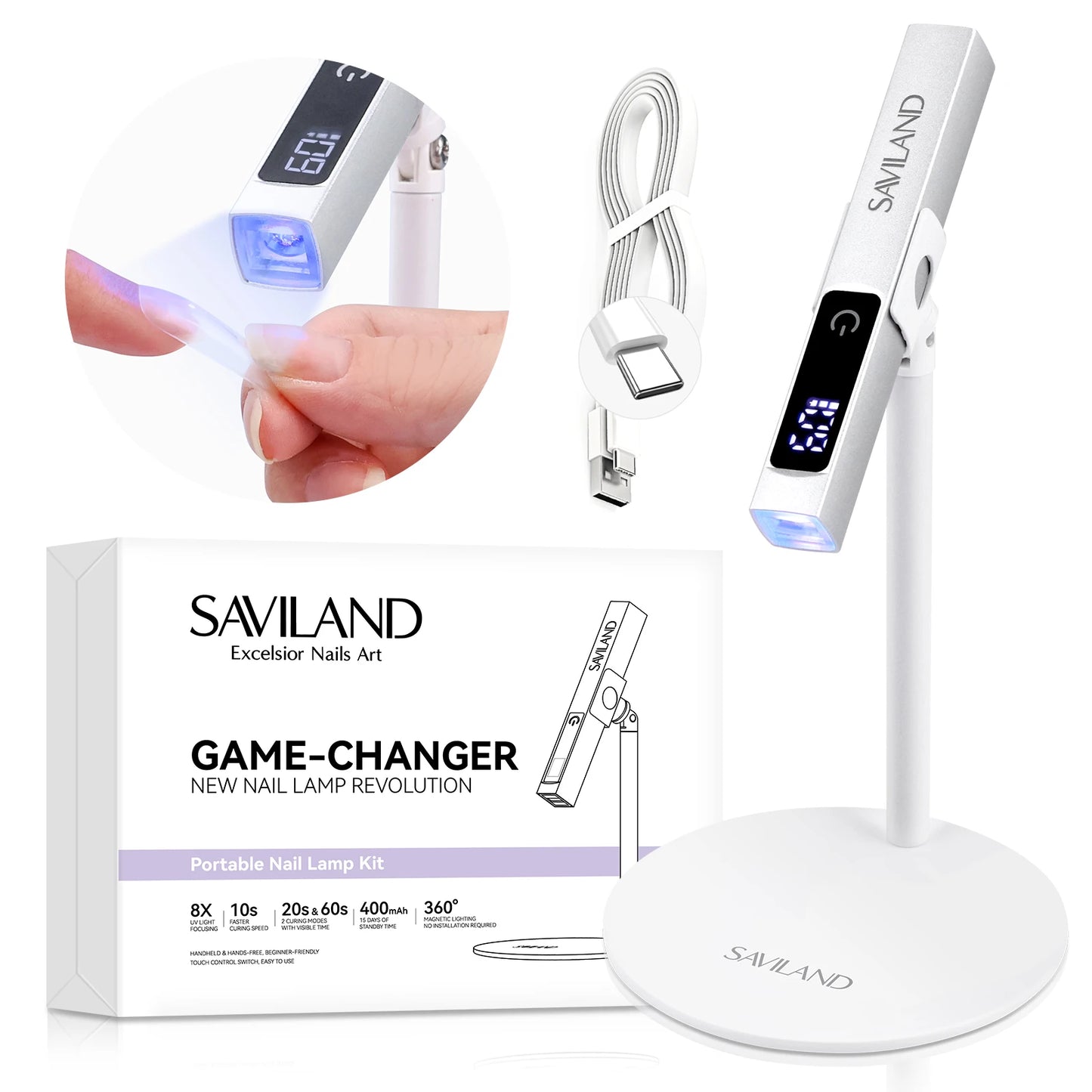 Mini UV LED Nail Lamp – Saviland Rechargeable Gel Nail Dryer with LCD Screen, Magnetic Stand & Timer Modes for DIY Salon Nails