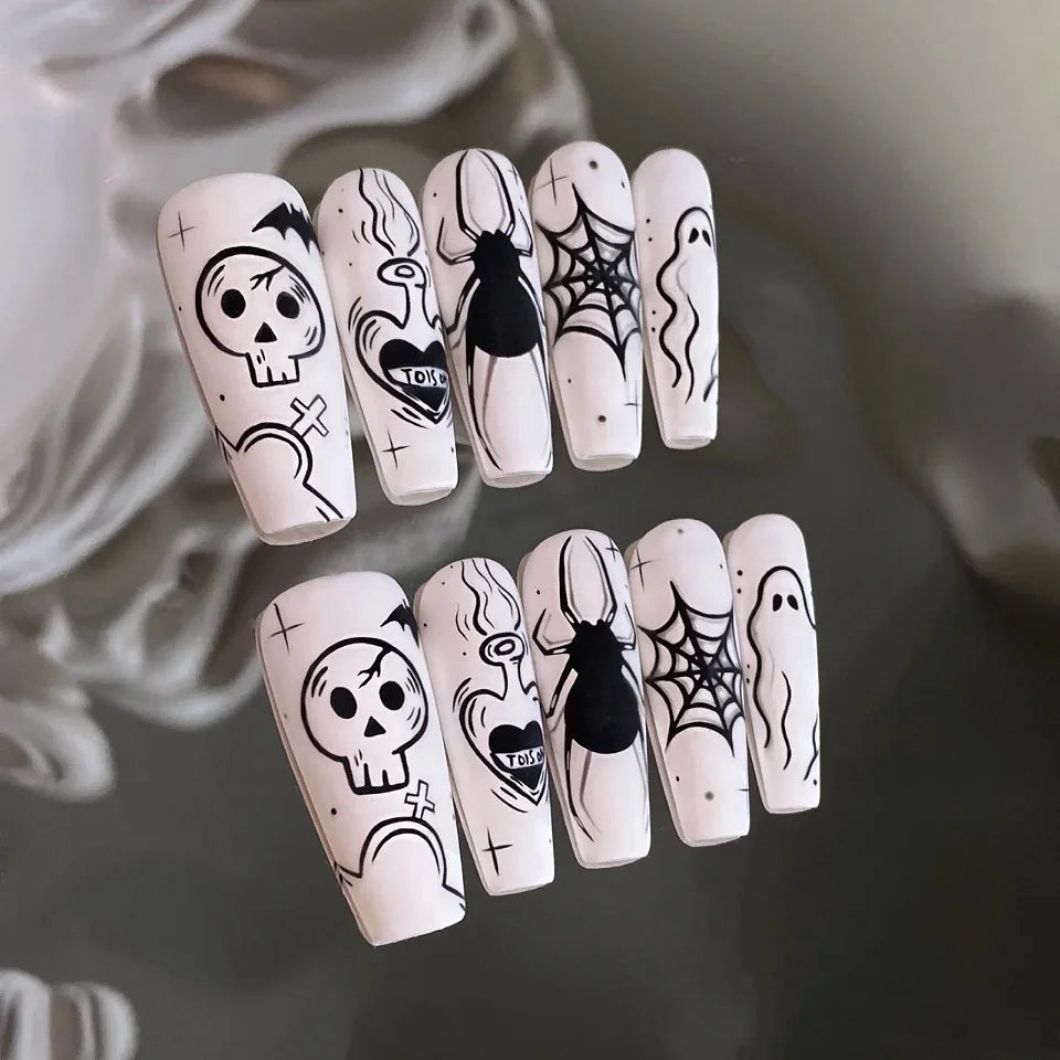 Halloween Press On Nails – Long Coffin Gothic Skull & Cobweb Fake Nails, Frosted Y2K Ballerina Tipsails Ballerina Fake Nail Tips