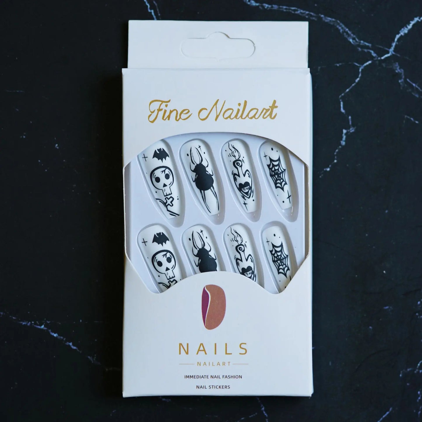 Halloween Press On Nails – Long Coffin Gothic Skull & Cobweb Fake Nails, Frosted Y2K Ballerina Tipsails Ballerina Fake Nail Tips