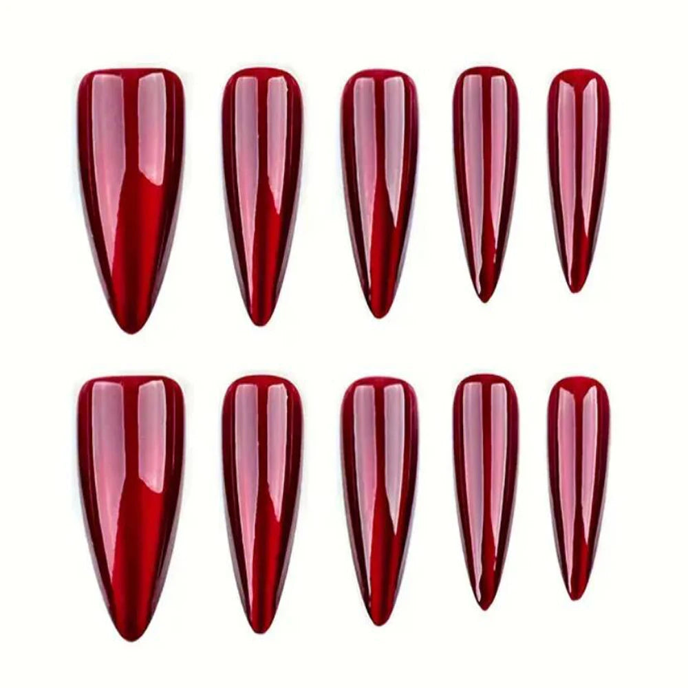 30pcs Halloween Press-On Nails – Long Almond Red Cat’s Eye Design | Glossy Full Cover Acrylic False Nails