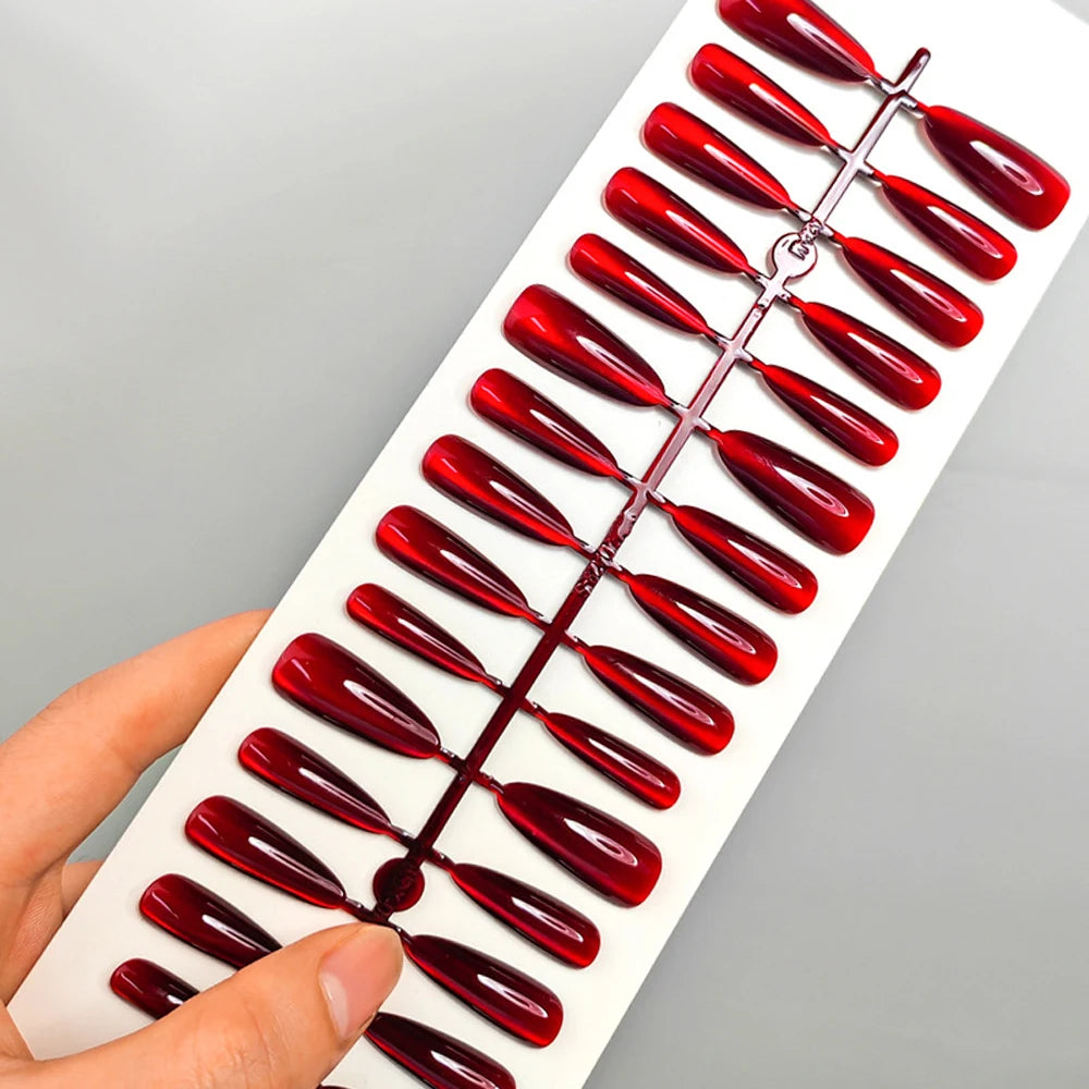 30pcs Halloween Press-On Nails – Long Almond Red Cat’s Eye Design | Glossy Full Cover Acrylic False Nails