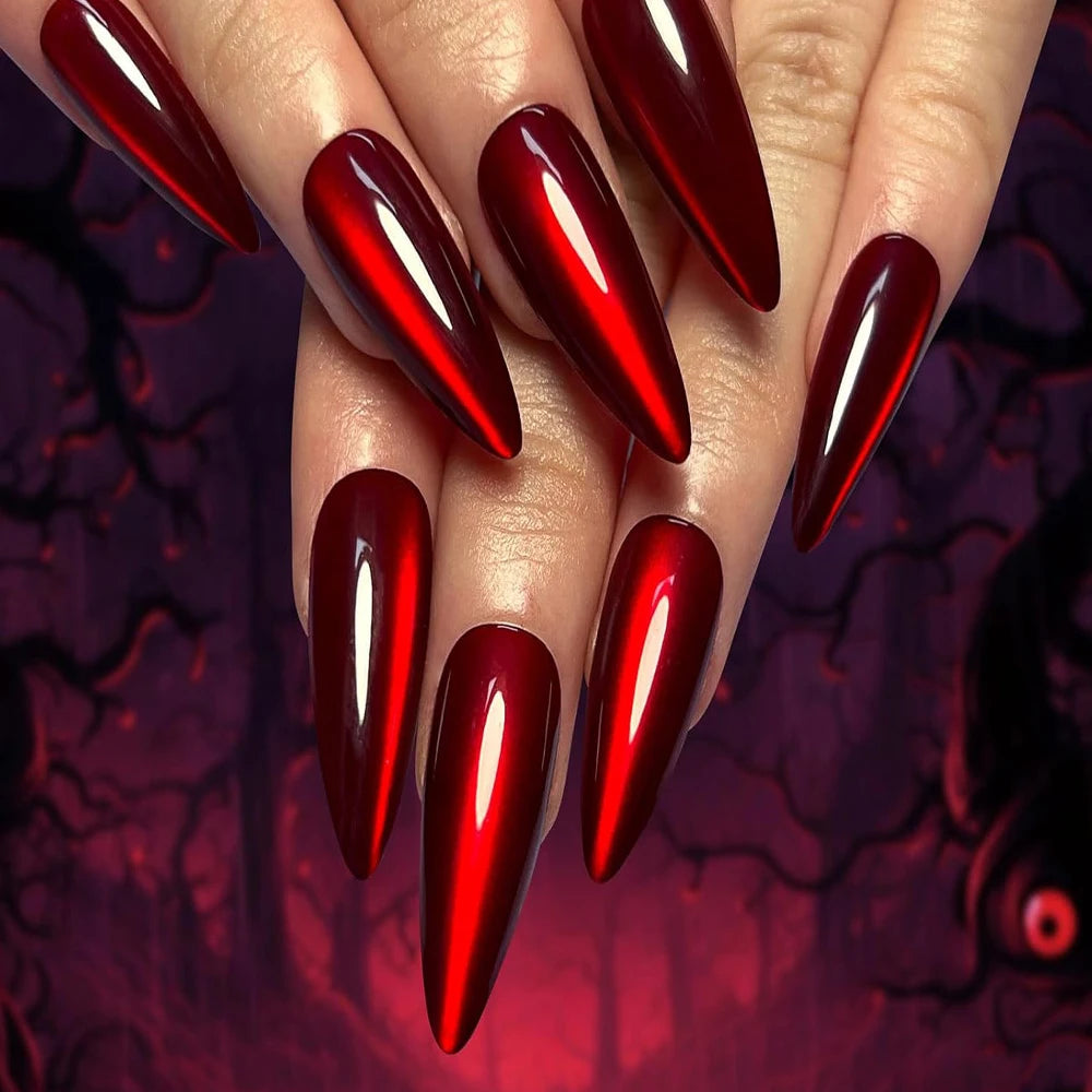 30pcs Halloween Press-On Nails – Long Almond Red Cat’s Eye Design | Glossy Full Cover Acrylic False Nails