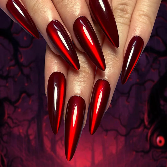30pcs Halloween Press-On Nails – Long Almond Red Cat’s Eye Design | Glossy Full Cover Acrylic False Nails