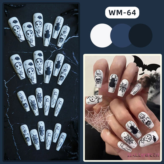 Halloween Press On Nails – Long Coffin Gothic Skull & Cobweb Fake Nails, Frosted Y2K Ballerina Tipsails Ballerina Fake Nail Tips
