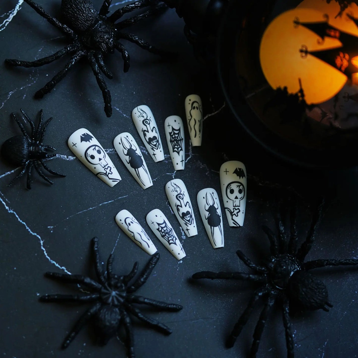 Halloween Press On Nails – Long Coffin Gothic Skull & Cobweb Fake Nails, Frosted Y2K Ballerina Tipsails Ballerina Fake Nail Tips
