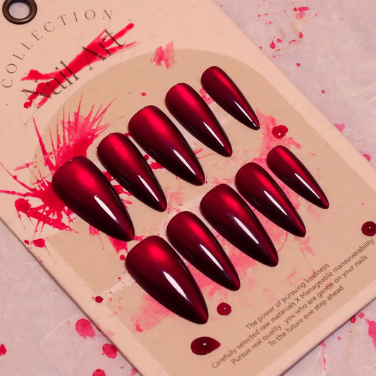 30pcs Halloween Press-On Nails – Long Almond Red Cat’s Eye Design | Glossy Full Cover Acrylic False Nails