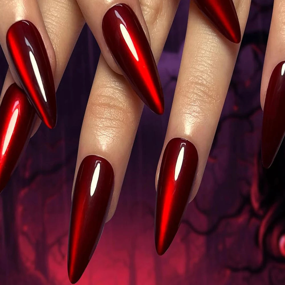 30pcs Halloween Press-On Nails – Long Almond Red Cat’s Eye Design | Glossy Full Cover Acrylic False Nails