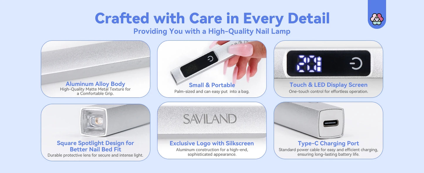 Mini UV LED Nail Lamp – Saviland Rechargeable Gel Nail Dryer with LCD Screen, Magnetic Stand & Timer Modes for DIY Salon Nails