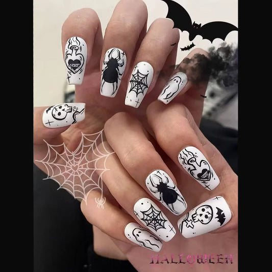 Halloween Press On Nails – Long Coffin Gothic Skull & Cobweb Fake Nails, Frosted Y2K Ballerina Tipsails Ballerina Fake Nail Tips