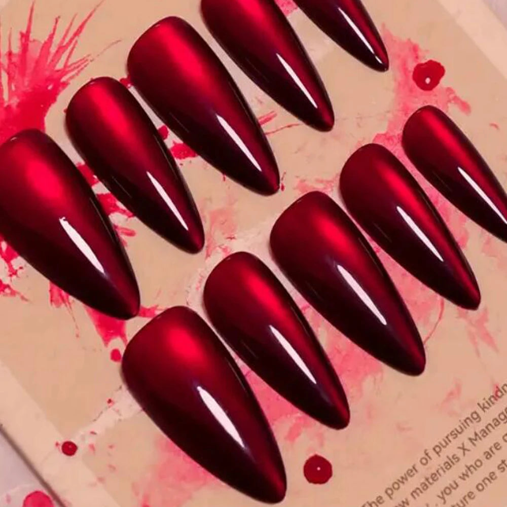 30pcs Halloween Press-On Nails – Long Almond Red Cat’s Eye Design | Glossy Full Cover Acrylic False Nails