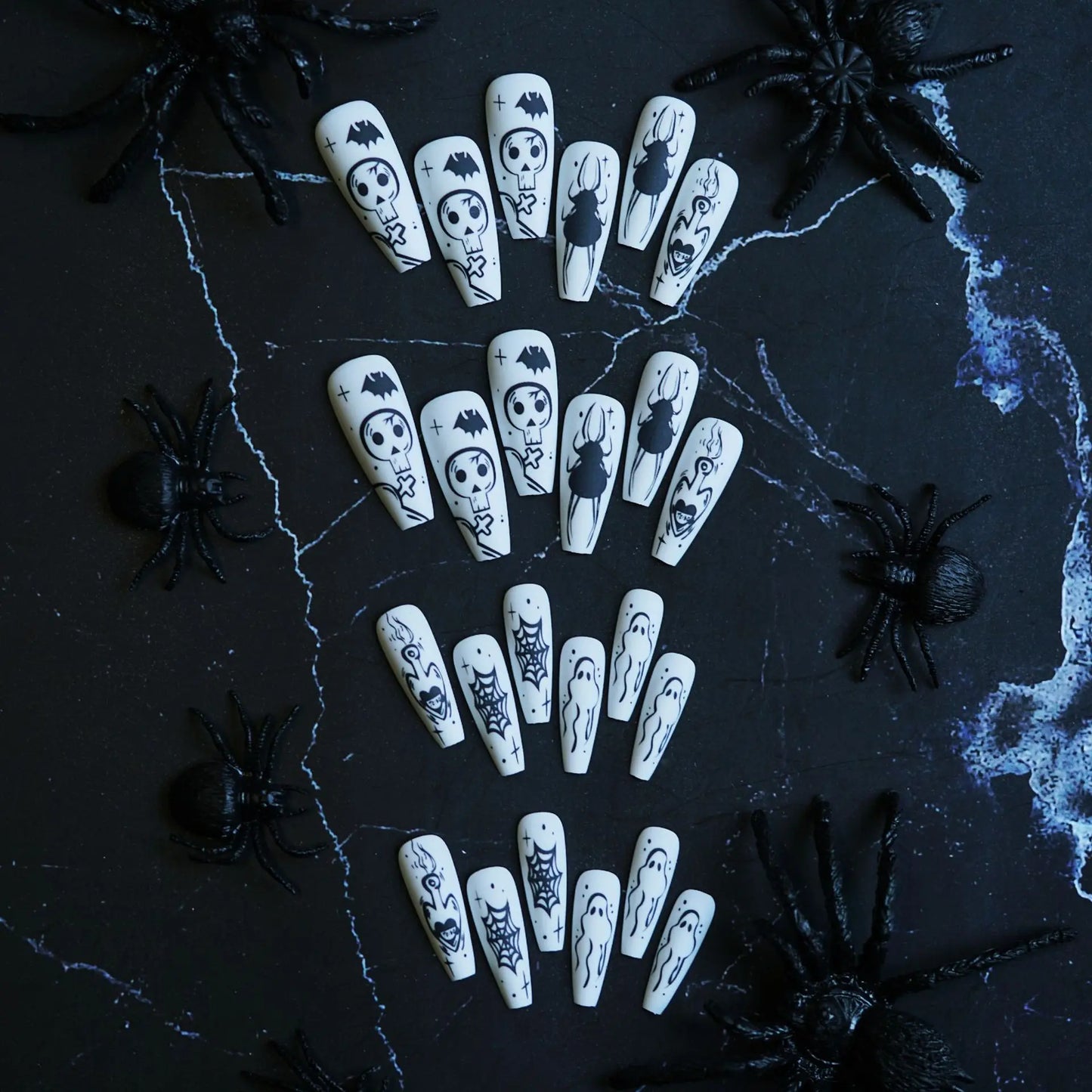 Halloween Press On Nails – Long Coffin Gothic Skull & Cobweb Fake Nails, Frosted Y2K Ballerina Tipsails Ballerina Fake Nail Tips